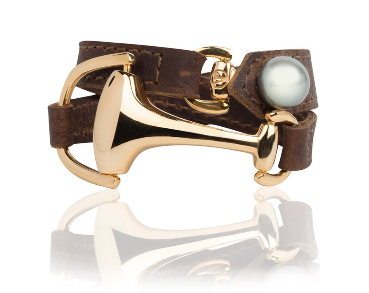Vincent Peach Yellow Gold Montana Leather Bracelet With Tahitian Pearl Clasp at Deutsch Fine Jewelry Houston