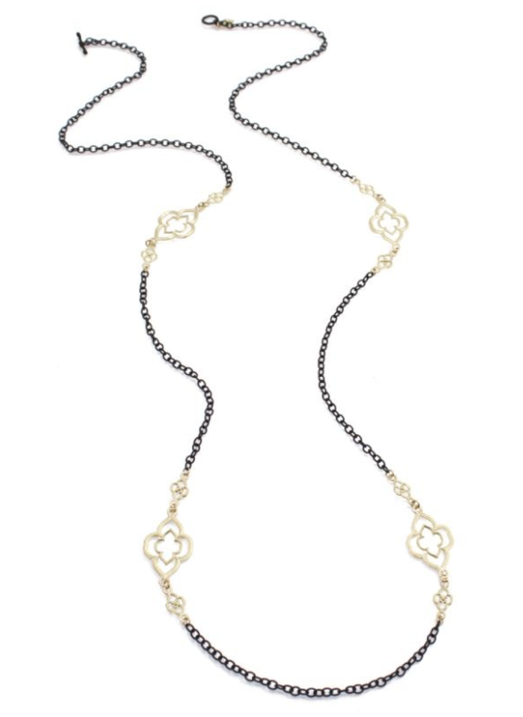 Armenta Old World 37" Open Scroll Station Chain Necklace, an 18K Yellow Gold and Sterling Silver Heraldry Scroll Station Cable Chain Necklace that is adjustable at 35", 36" and 37” at Deutsch Fine Jewelry Houston