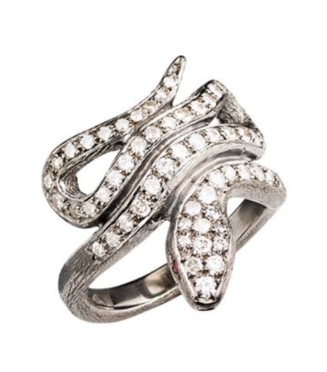 John Apel Diamond Snake Ring, a Silver snake ring with 1.08ct diamonds at Deutsch Fine Jewelry Houston