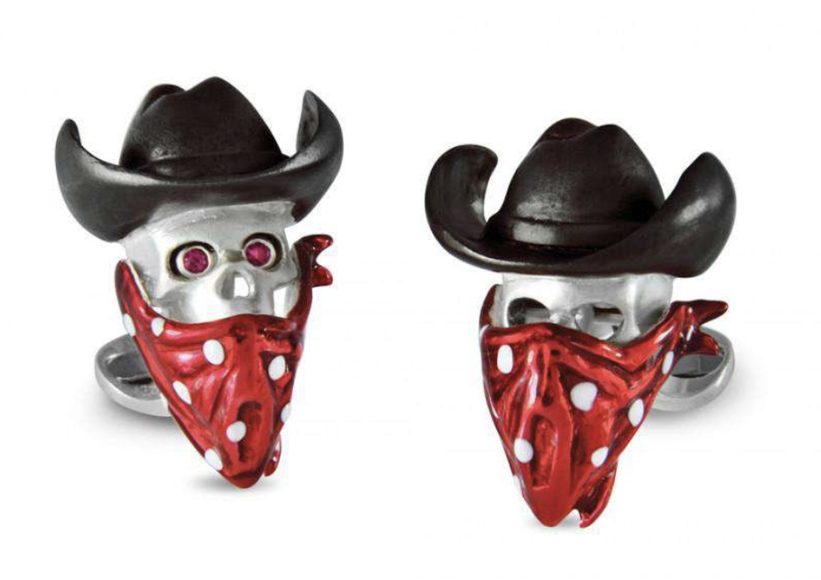 Deakin & Francis Cowboy Skull Cufflinks featuring sterling Cowboy Skulls wearing black cowboy hats and red bandanas at Deutsch Fine Jewelry