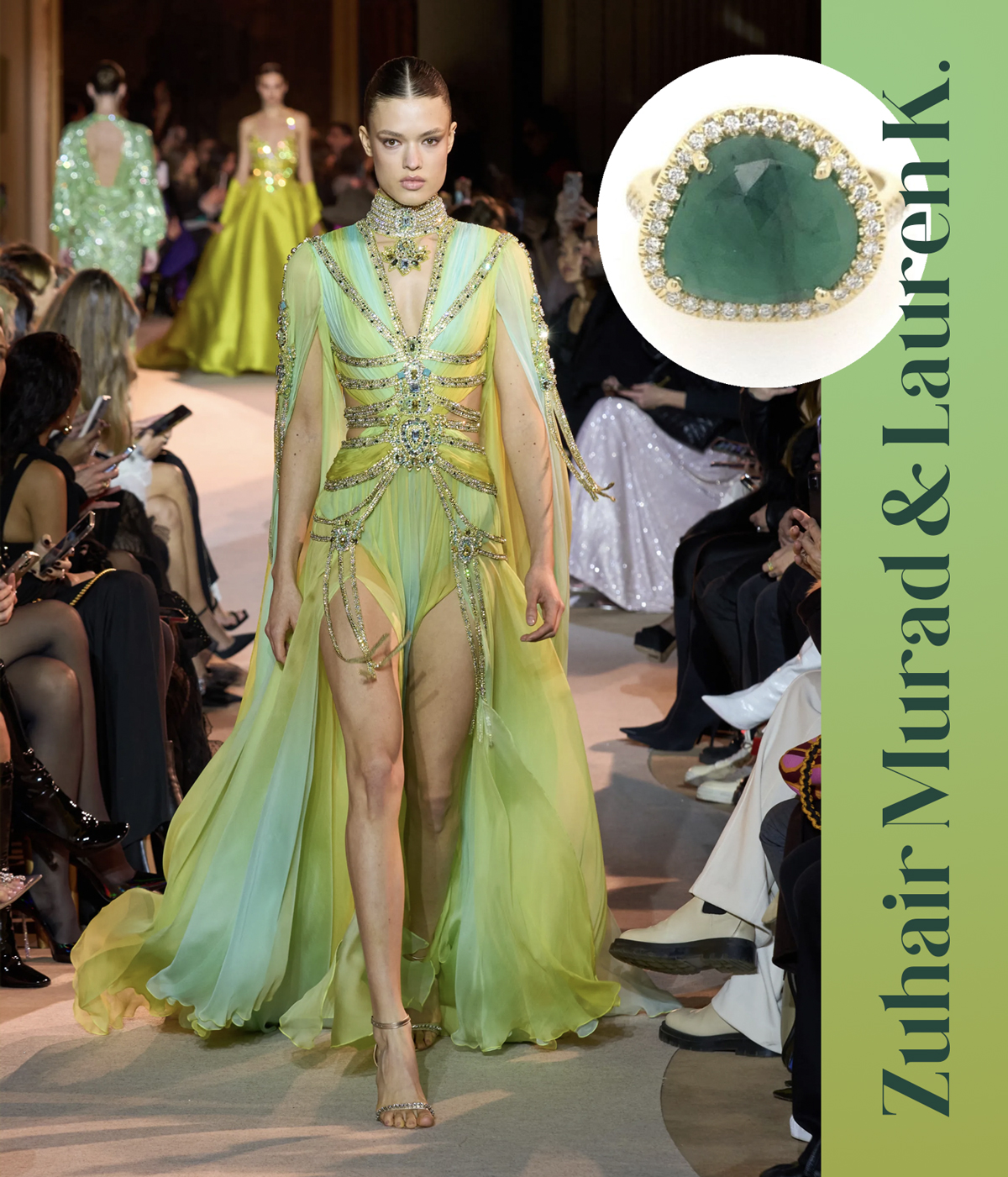 A flowing green dress by Zuhair Murad is paired with the Mischa Free Form Emerald Ring by Lauren K available at Deutsch Fine Jewelry