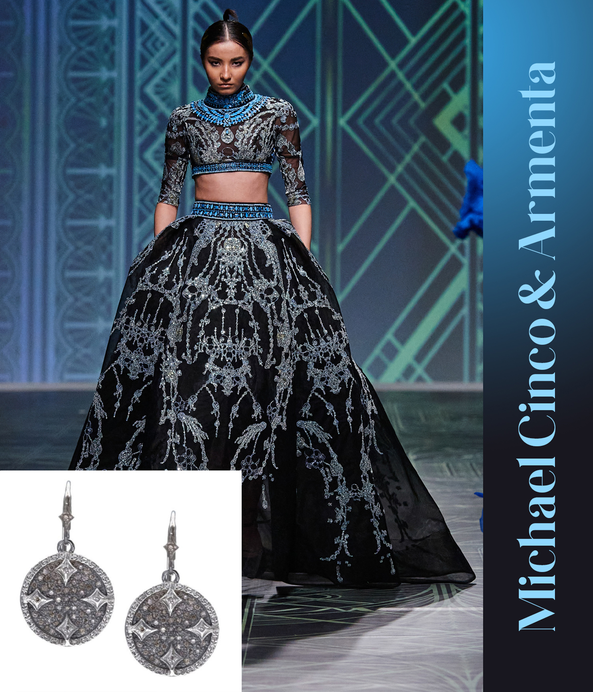 A stunning black and silver Michael Cinco dress is paired with the New World Small Circle Constellation Drop Earrings by Armenta available at Deutsch Fine Jewelry
