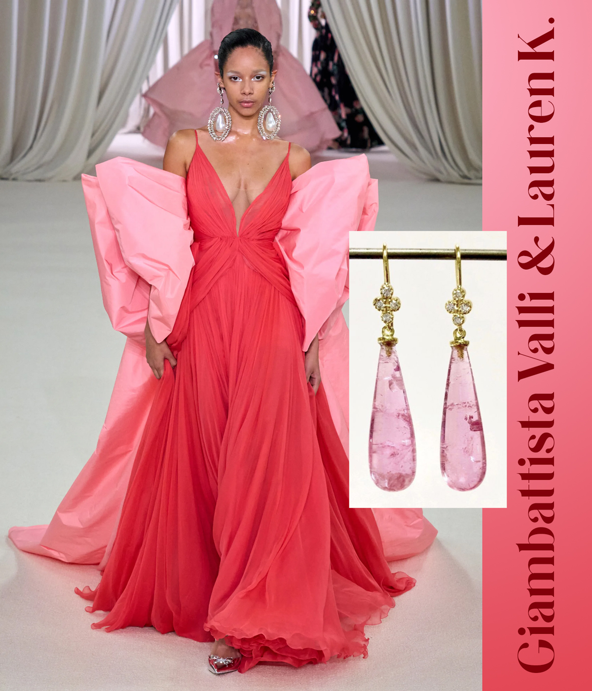 A playful pink and red Giambattista Valli gown is paired with the Shanti Pink Tourmaline Briolette Earrings by Lauren K available at Deutsch Fine Jewelry