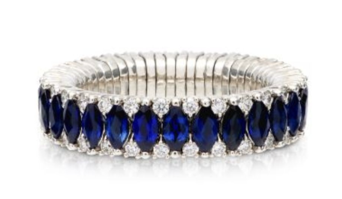 2 Row Blue Sapphire Marquise and Diamond Stretch Ring by Roberto Demeglio at Deutsch Fine Jewelry