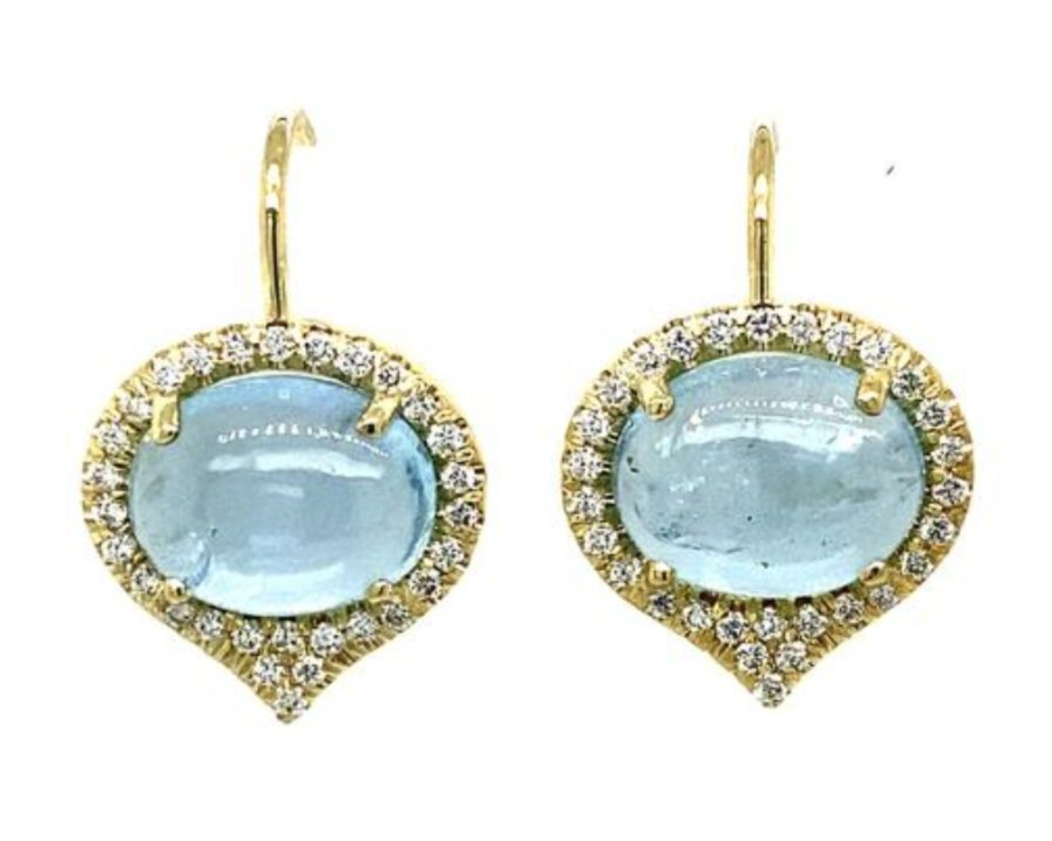 The Cabochon Aquamarine Jordan Earrings by Lauren K in yellow gold with white diamonds at Deutsch Fine Jewelry
