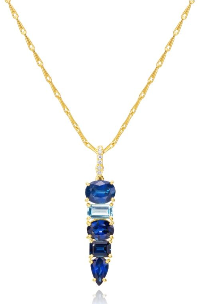 The Blue Sapphire and Aquamarine Linear Necklace with splendid diamond pave on a 20-inch yellow gold pinsetta chain at Deutsch Fine Jewelry