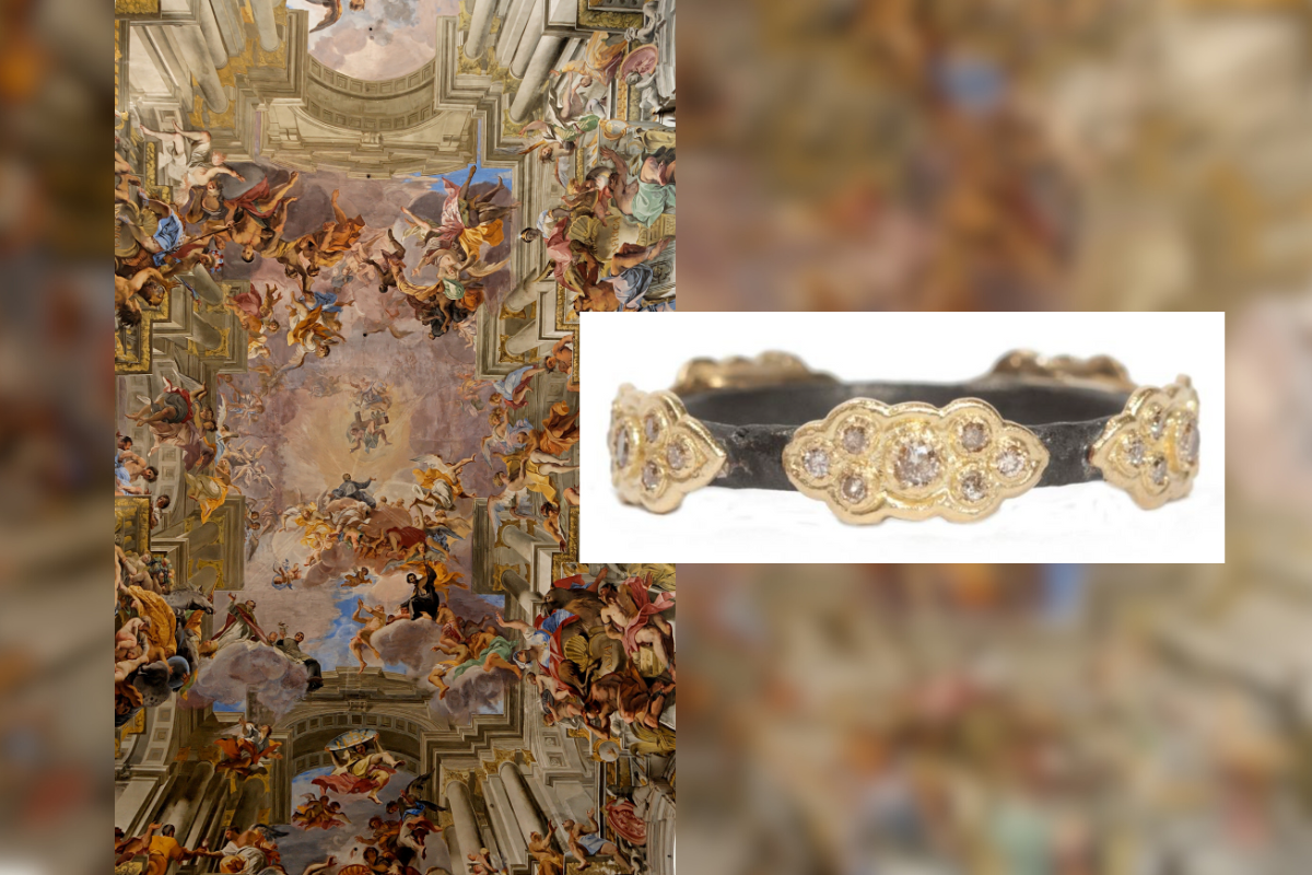 The ceiling of Church of Saint Ignatius in Loyola, Rome and The Old World Stack Band Ring with Champagne Diamond Scrolls by Armenta available at Deutsch Fine Jewelry