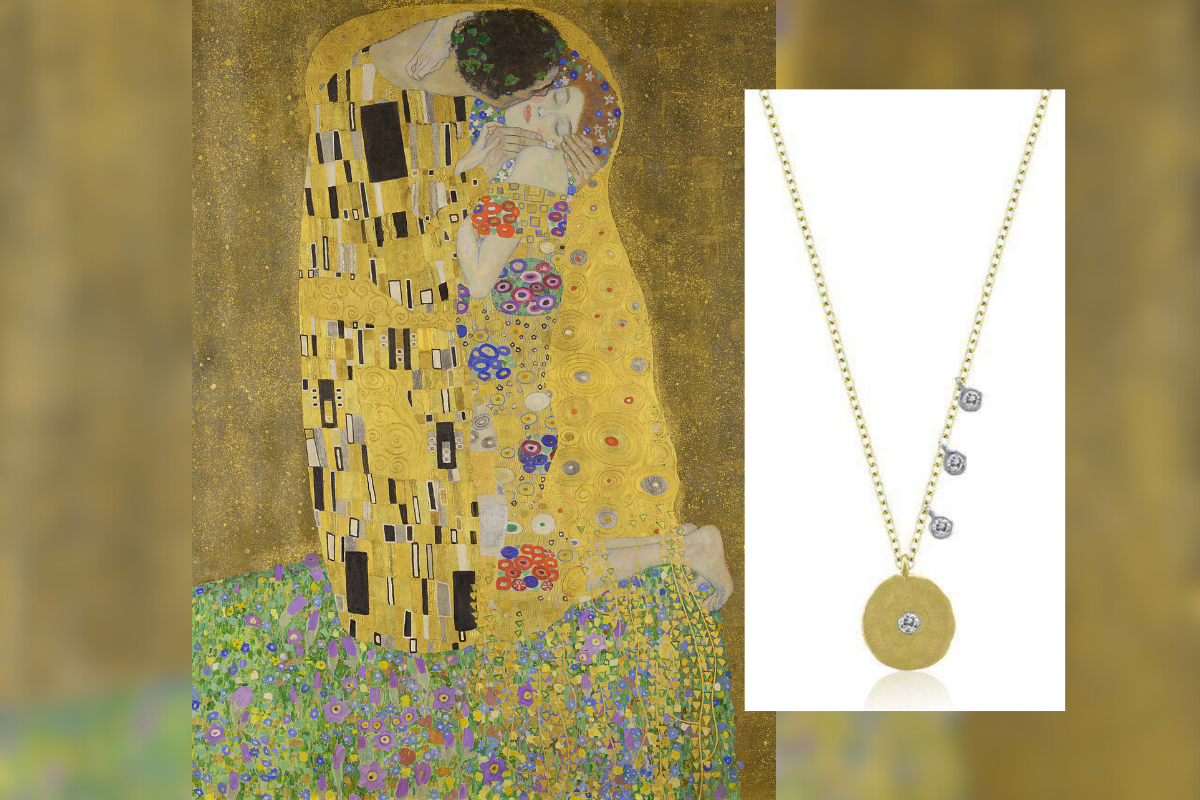 The Kiss by Gustav Klimt and the Signature Off Center Disk Necklace by Meira T available at Deutsch Fine Jewelry