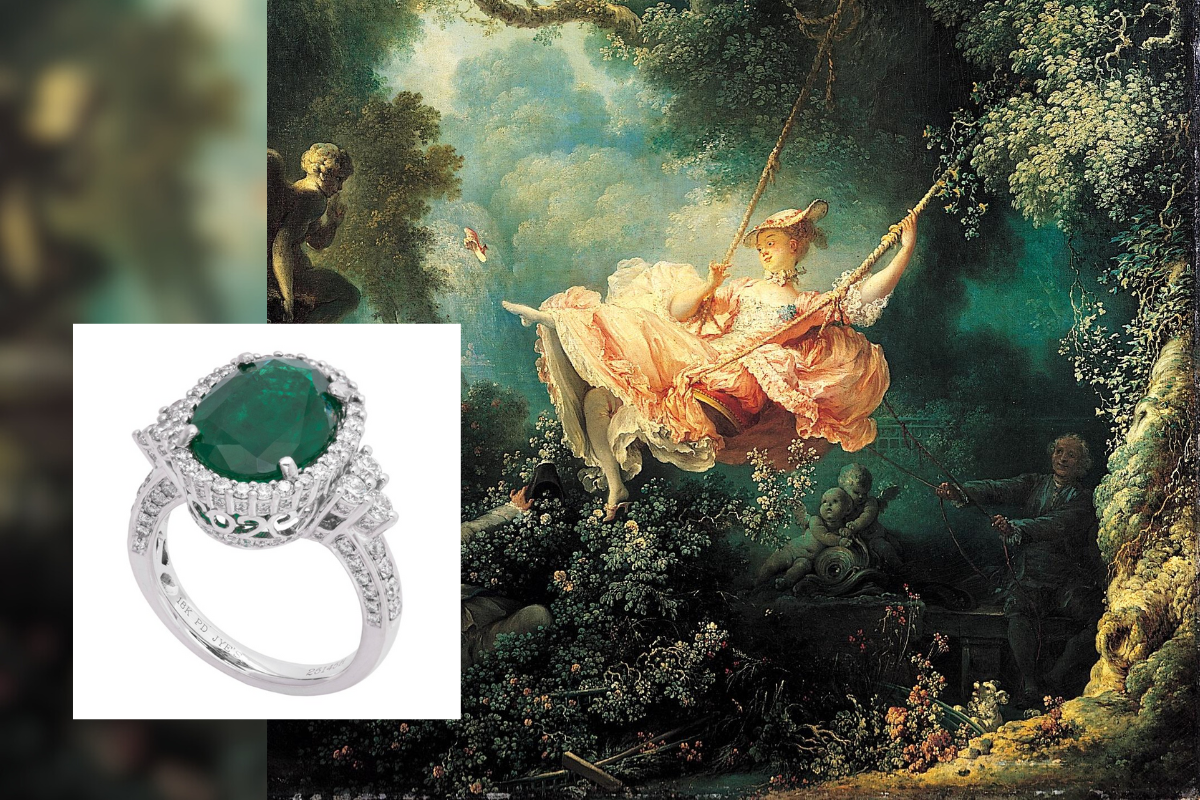 The Swing by Jean Honore Fragonard and the Oval Emerald and Diamond Ring by Jye’s available at Deutsch Fine Jewelry