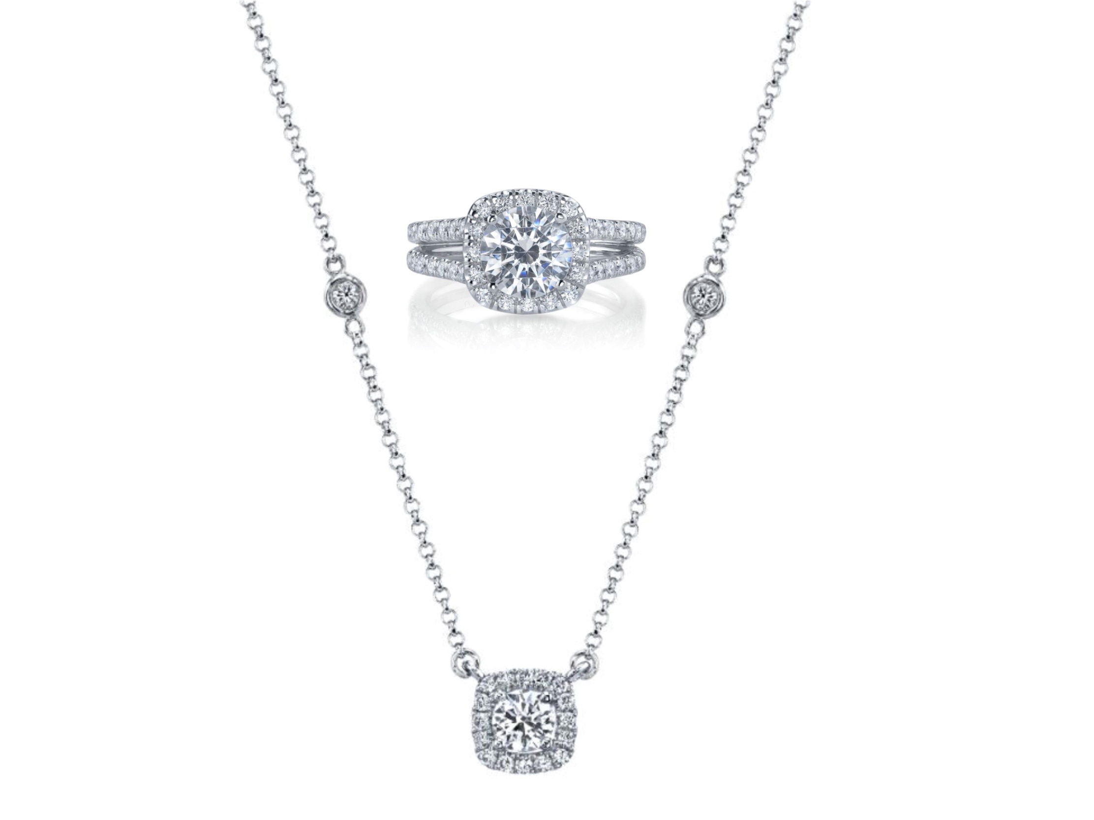 Wire Pave Cushion Halo Semi Mount from Deutsch Signature and Cushion Shape Halo Pendant with Round Center by Deutsch Signature available at Deutsch Fine Jewelry in Houston, Texas.