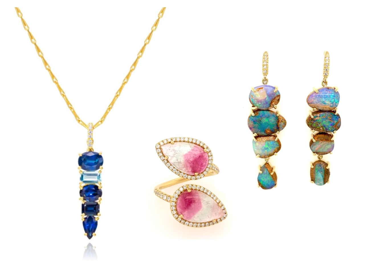 18Yg Pave Diamond Blue Sapphire And Aquamarine Linear Necklace, Diya Watermelon Tourmaline Ring, and Boulder Opal 4 Stone Joyce Earrings by Lauren K available at Deutsch Fine Jewelry Houston