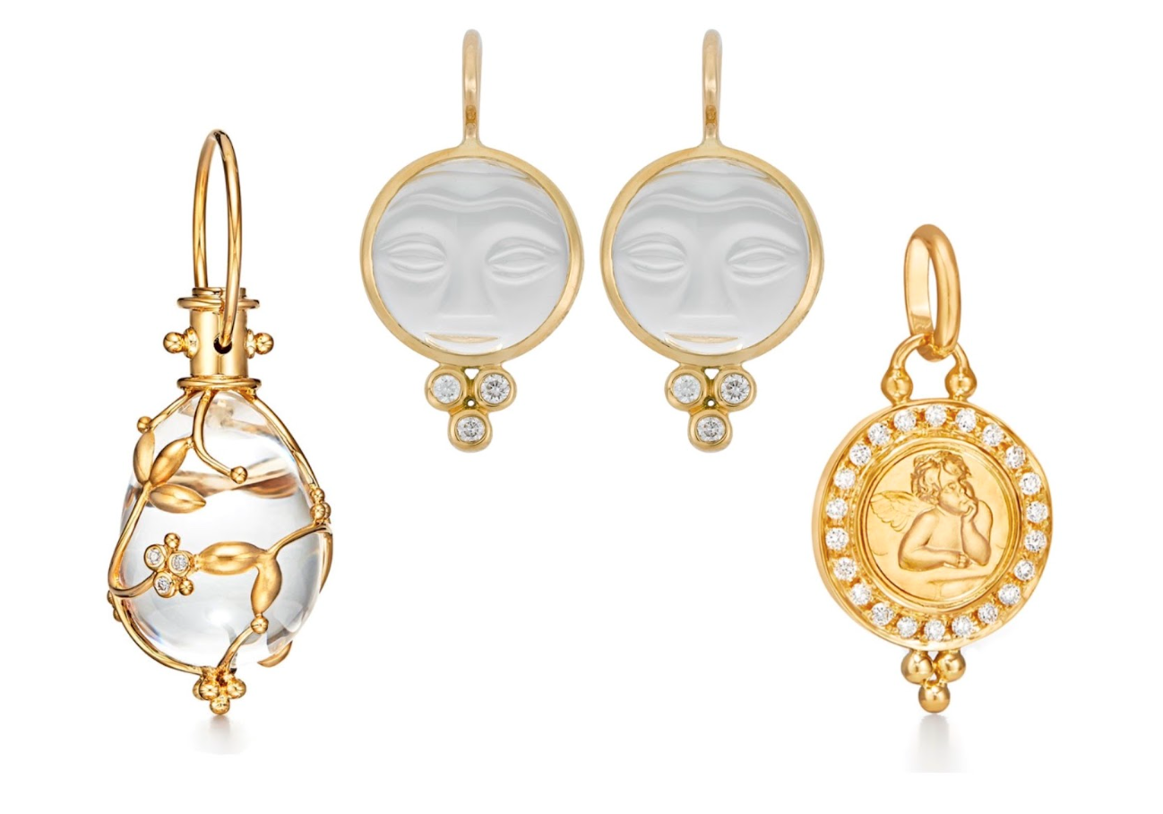 In buttery yellow gold, the Vine Amulet, Moonface Earrings, and Angel Pendant Temple St. Clair, available at Deutsch Fine Jewelry in Houston, Texas