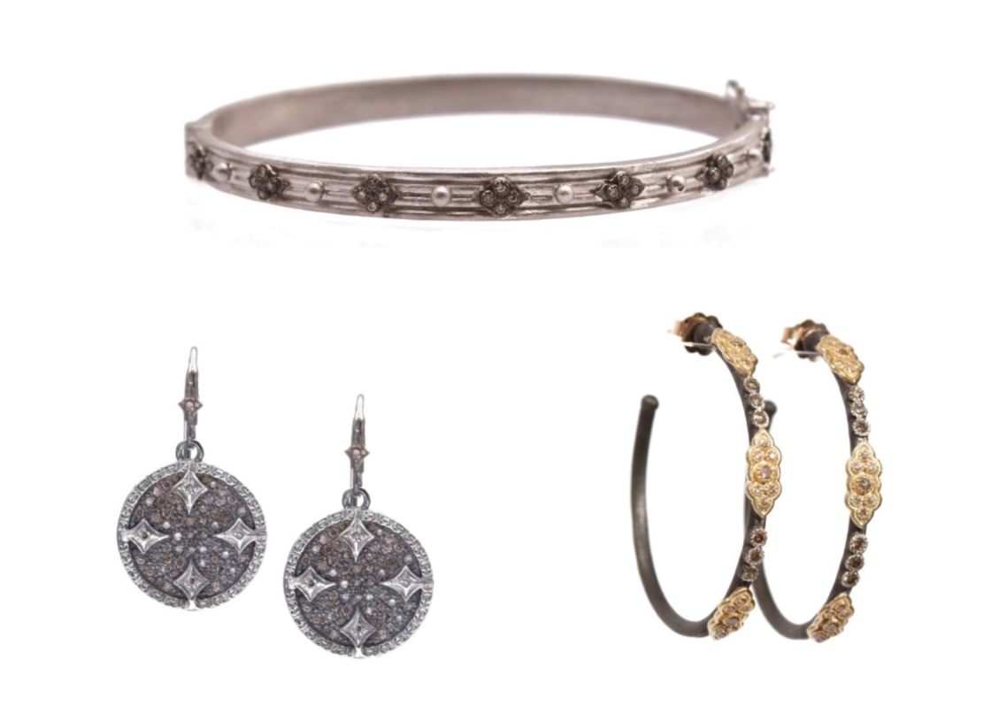 The New World Huggie Hinged Bracelet With Granulation And Champagne Diamonds, Old World 35Mm Scroll Hoop Earrings, and New World Small Circle Constellation Drop Earrings by Armenta available at Deutsch Fine Jewelry in Houston, Texas