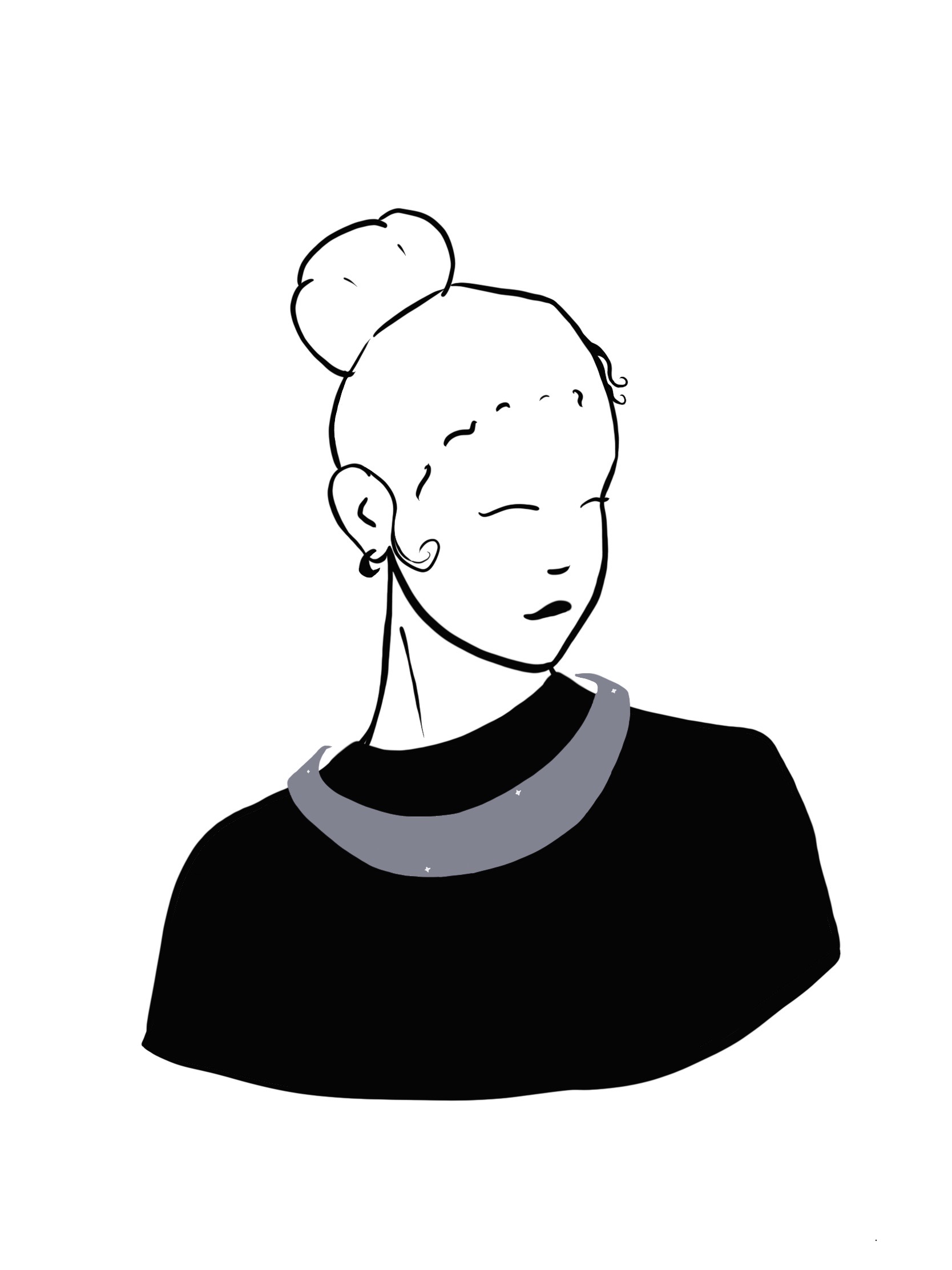 Line drawing illustration of a woman in a messy bun wearing a black crewneck and a sparkling silver collar necklace.