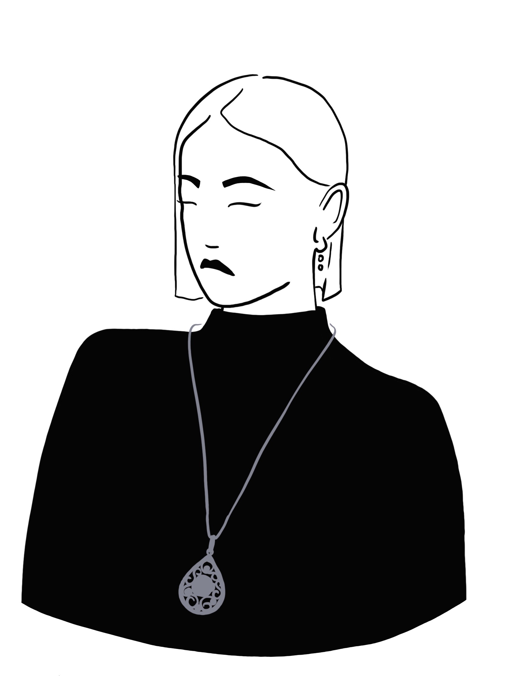 Line drawing illustration of a chic woman with a french bob in a black mock turtleneck with an ornate pendant on a long chain.