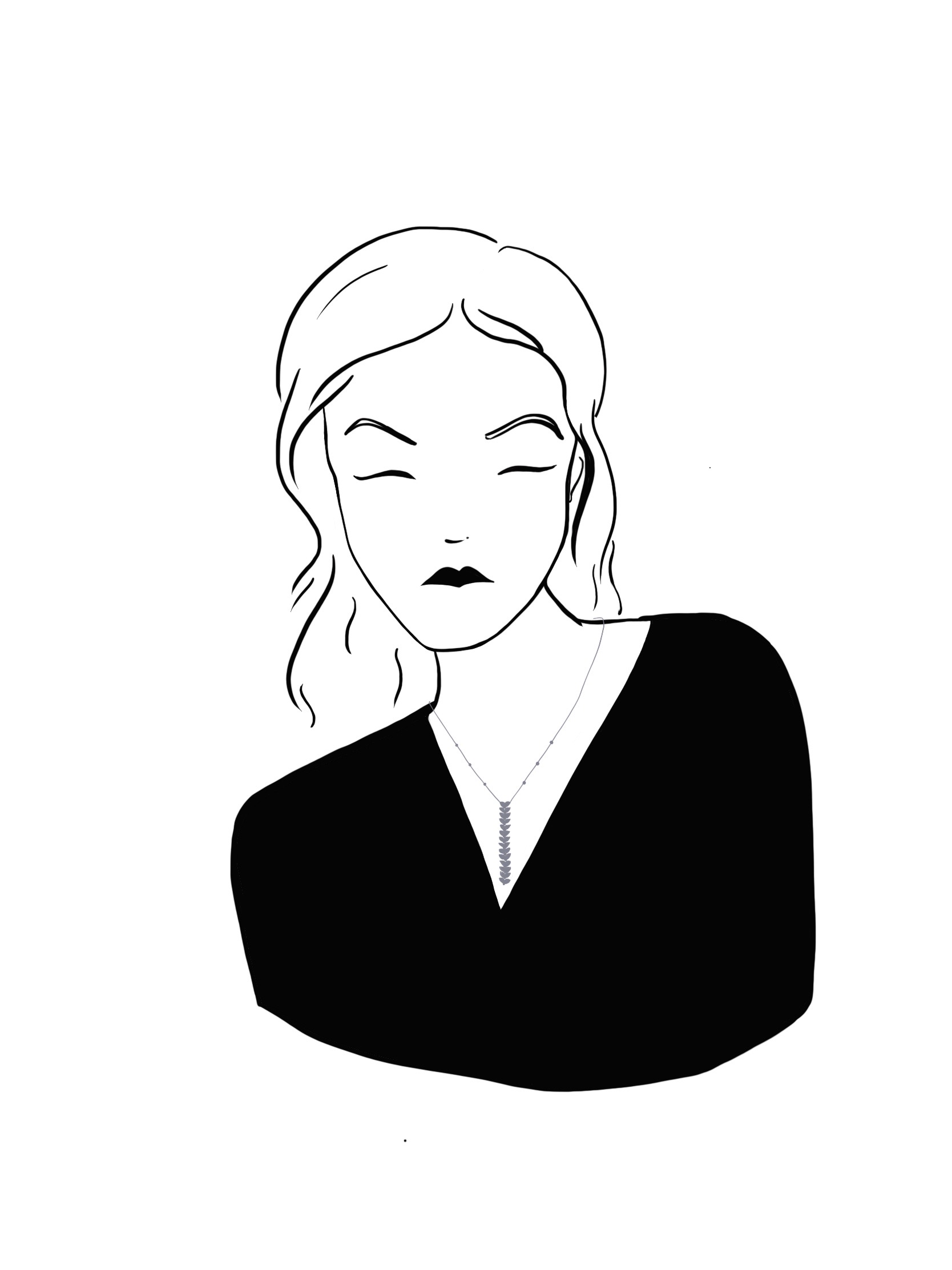 Line drawing illustration of a woman with short wavy hair and a black v-neck with a long pendant of inverted triangular shapes.