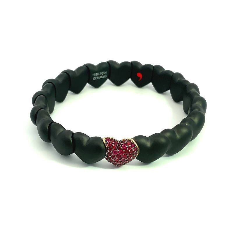 Chic Matte Black Ceramic Heart Bracelet with 1 Ruby Heart by Robert Demeglio, available at Deutsch Fine Jewelry.