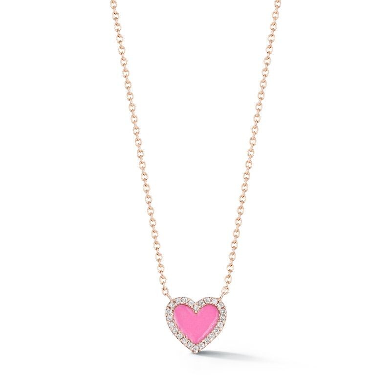 Stunning Deutsch Signature Pink Enamel Heart Necklace with diamond border, available at Deutsch Fine Jewelry in Houston, Texas.