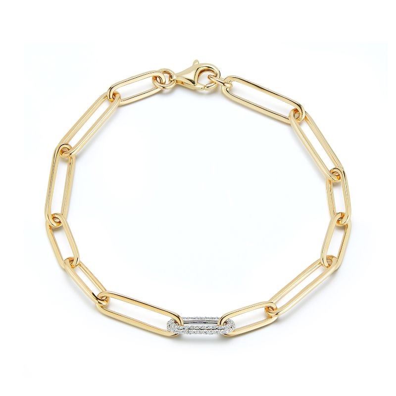 Dainty Deutsch Signature Mix Length Sold Gold Paperclip Bracelet with One Pave Diamond Link, available at Deutsch Fine Jewelry in Houston, Texas.