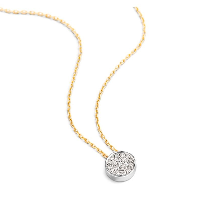 Gorgeous White And Yellow Gold Diamond Pave Round Necklace by Hulchi Belluni, available at Deutsch Fine Jewelry in Houston, Texas.