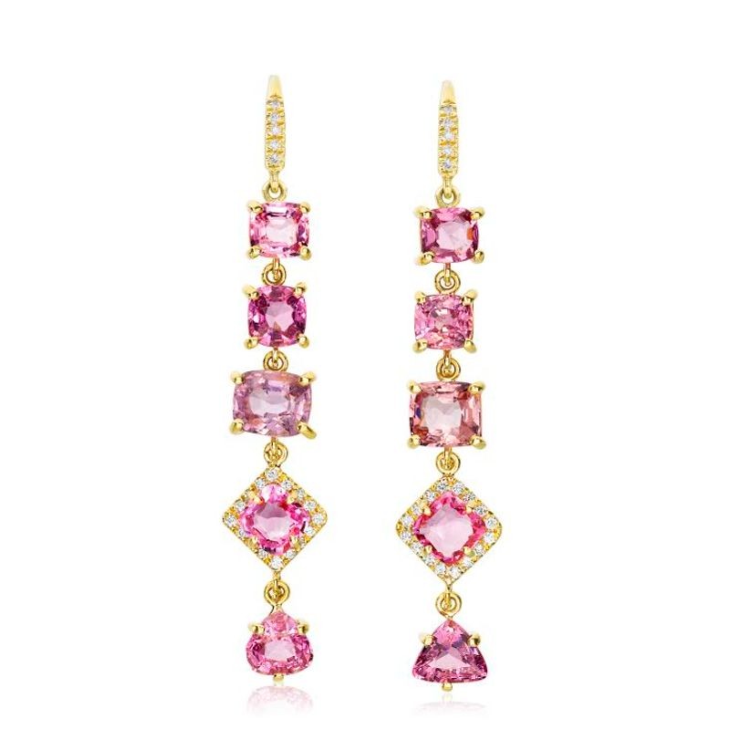 Stunning Gemma Pink Spinel 5 Stone Earrings by Lauren K, available at Deutsch Fine Jewelry in Houston, Texas.