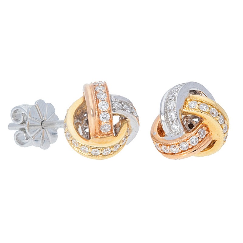 Dainty Deutsch Signature Diamond Pave Knot Stud Earrings in white gold, yellow gold, and rose gold, available at Deutsch Fine Jewelry in Houston, Texas.