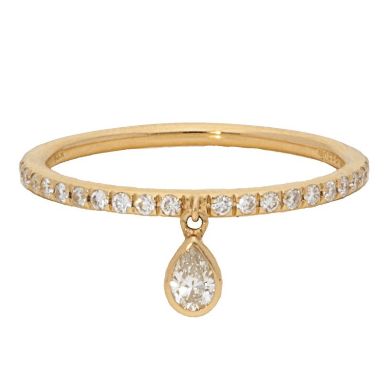 Gorgeous yellow gold Deutsch Signature Diamond Pavé Band with Dangling Pear Shape Charm, available at Deutsch Fine Jewelry in Houston, Texas.