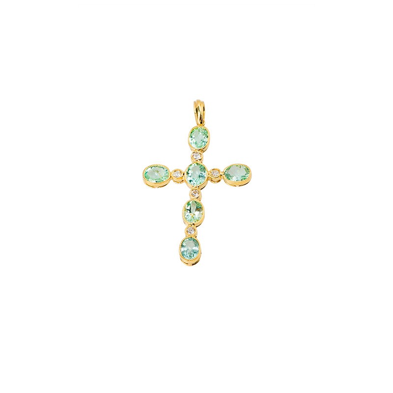 Demure yellow gold John Apel Cross Pendant with Green Tourmaline and diamonds, available at Deutsch Fine Jewelry in Houston, Texas.