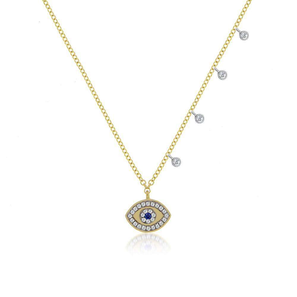Asymmetrical Sapphire and Diamond Evil Eye Necklace by Meira T, available at Deutsch Fine Jewelry in Houston, Texas.