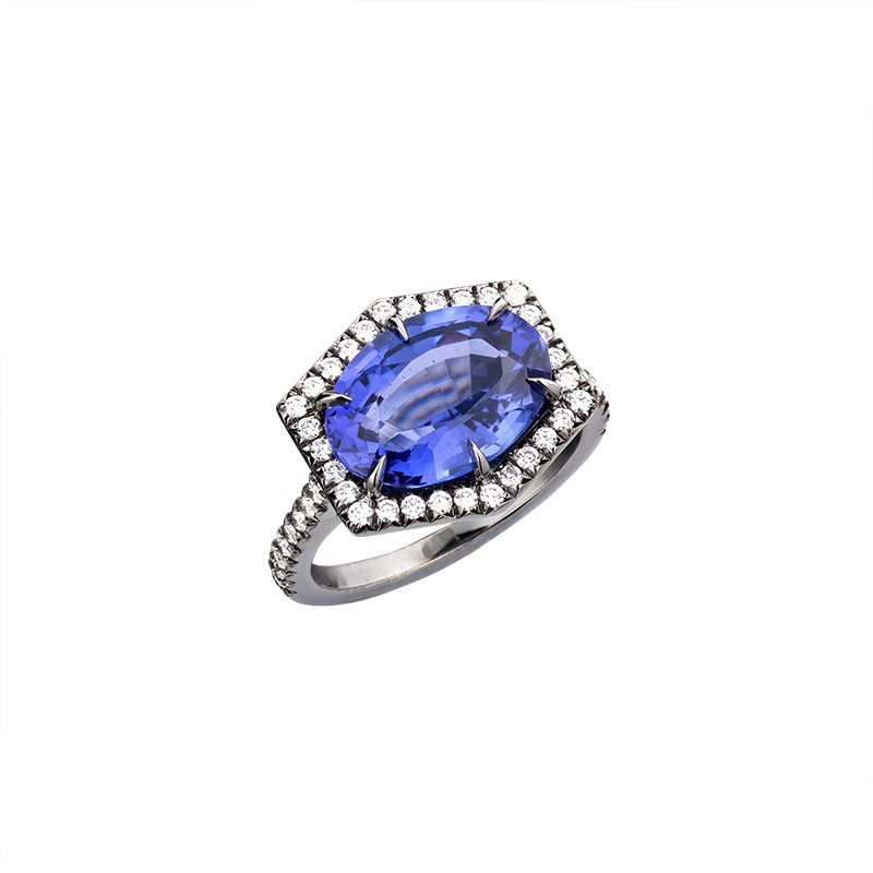 Opulent John Apel Sapphire and Diamond Hexagonal Halo Ring, available at Deutsch Fine Jewelry in Houston, Texas.