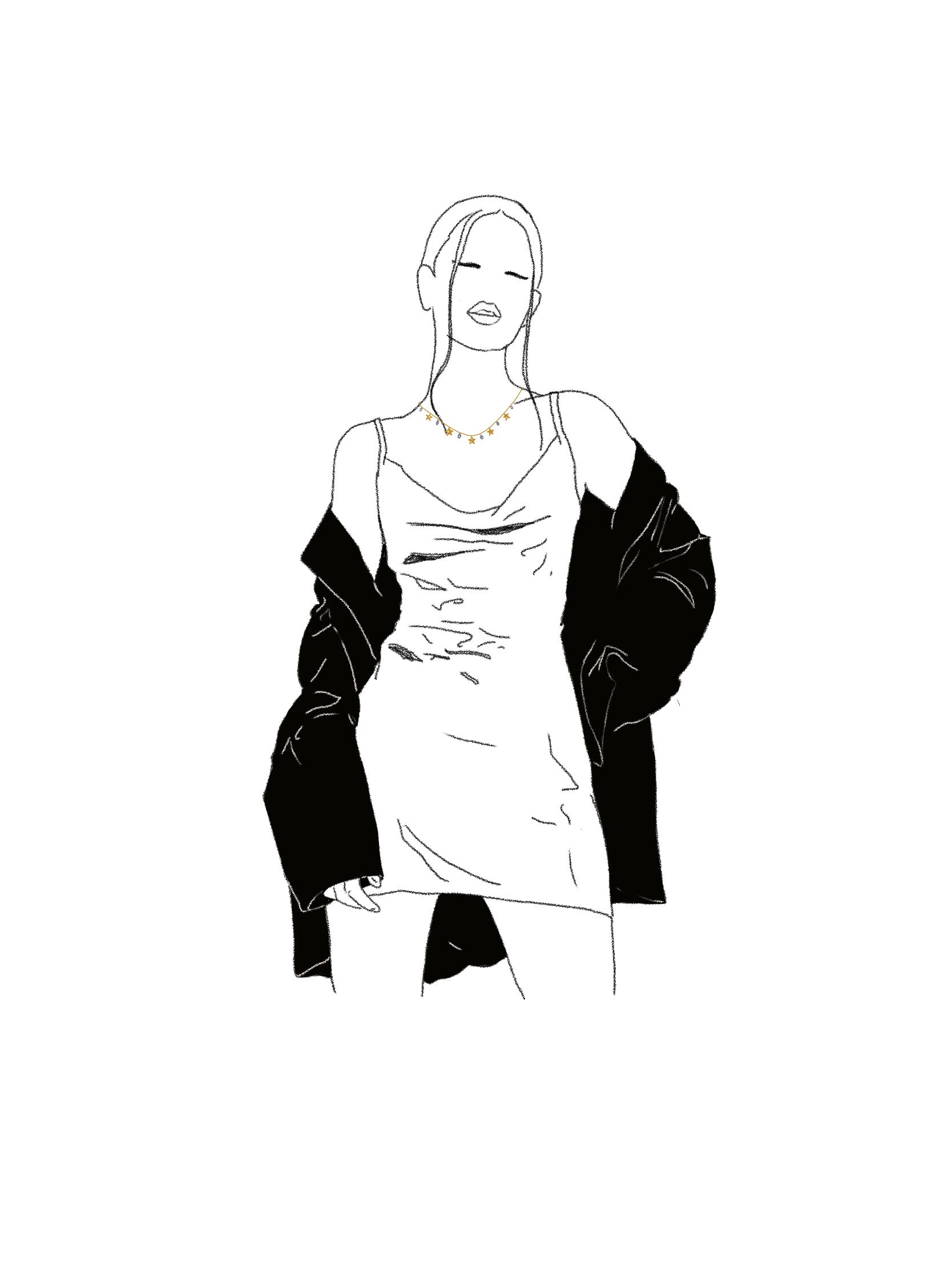 Line Drawing of a woman in a low, chic ponytail with long bangs in a slip dress and oversized jacket wearing the Meira T Dainty Star Necklace, available at Deutsch Fine Jewelry in Houston, Texas.