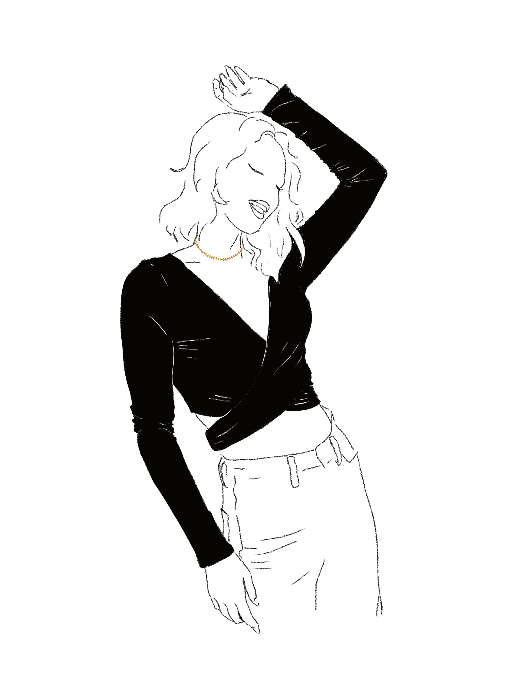 Sketch of a woman with a choppy mid-length hairstyle and a V-neck crop-top, wearing the Deutsch Signature 4 Stone Cluster Diamond Choker Necklace, available at Deutsch Fine Jewelry in Houston, Texas.