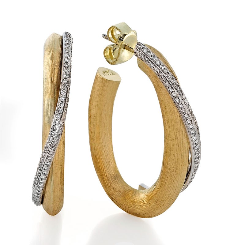 Textured Rudolf Friedmann Gold Diamond Oval Hoops, available at Deutsch Fine Jewelry in Houston, Texas.