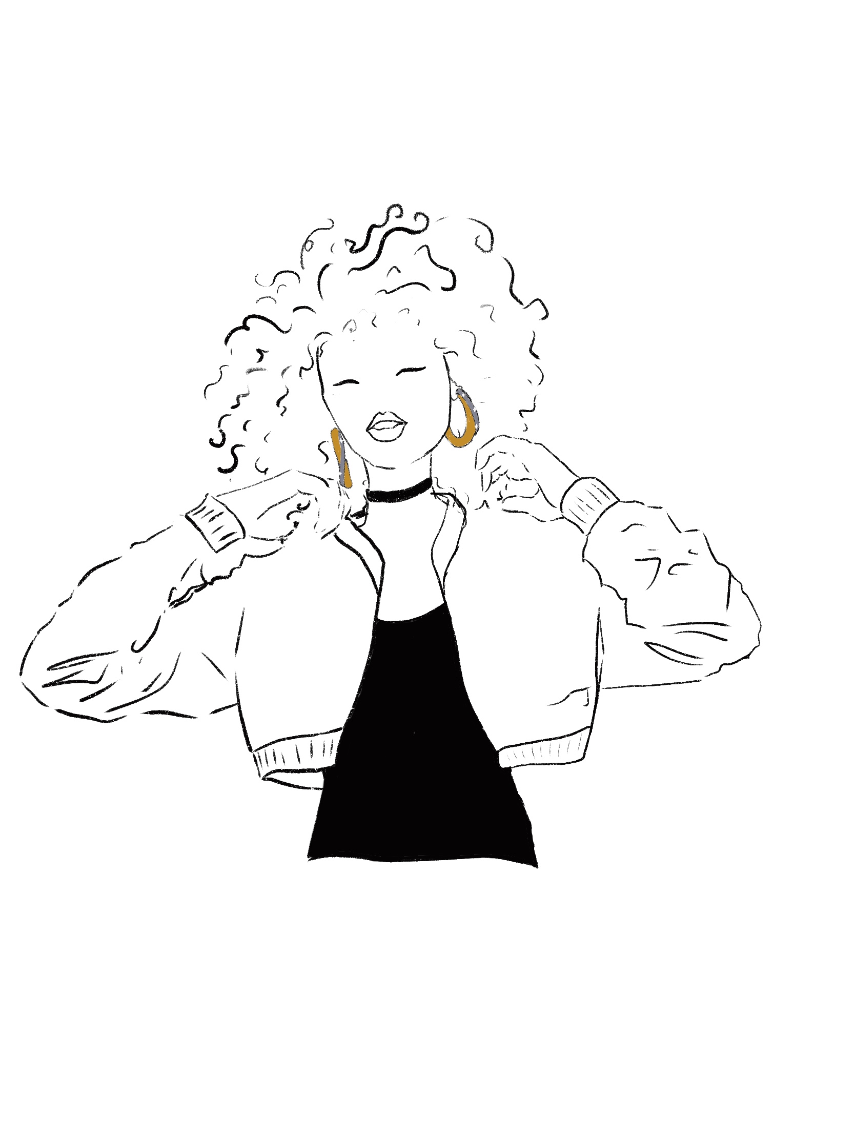 Sketch of a woman in a puffy bomber jacket with curly hair wearing the Rudolf Friedmann Gold Diamond Oval Hoops, available at Deutsch Fine Jewelry in Houston, Texas.