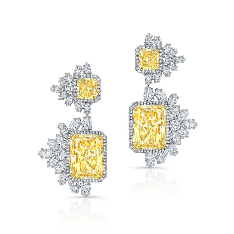 Opulent yellow diamond and white diamond pave Norman Silverman Earrings, available at Deutsch Fine Jewelry in Houston, Texas.