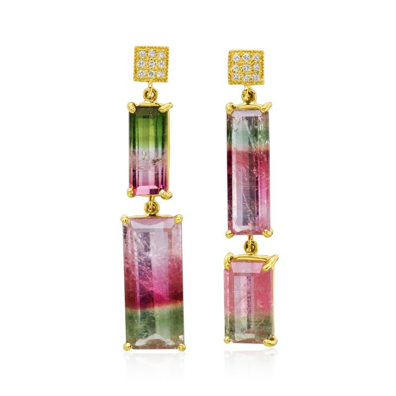 Colorful pink and green Lauren K Watermelon Tourmaline Earrings, available at Deutsch Fine Jewelry in Houston, Texas.