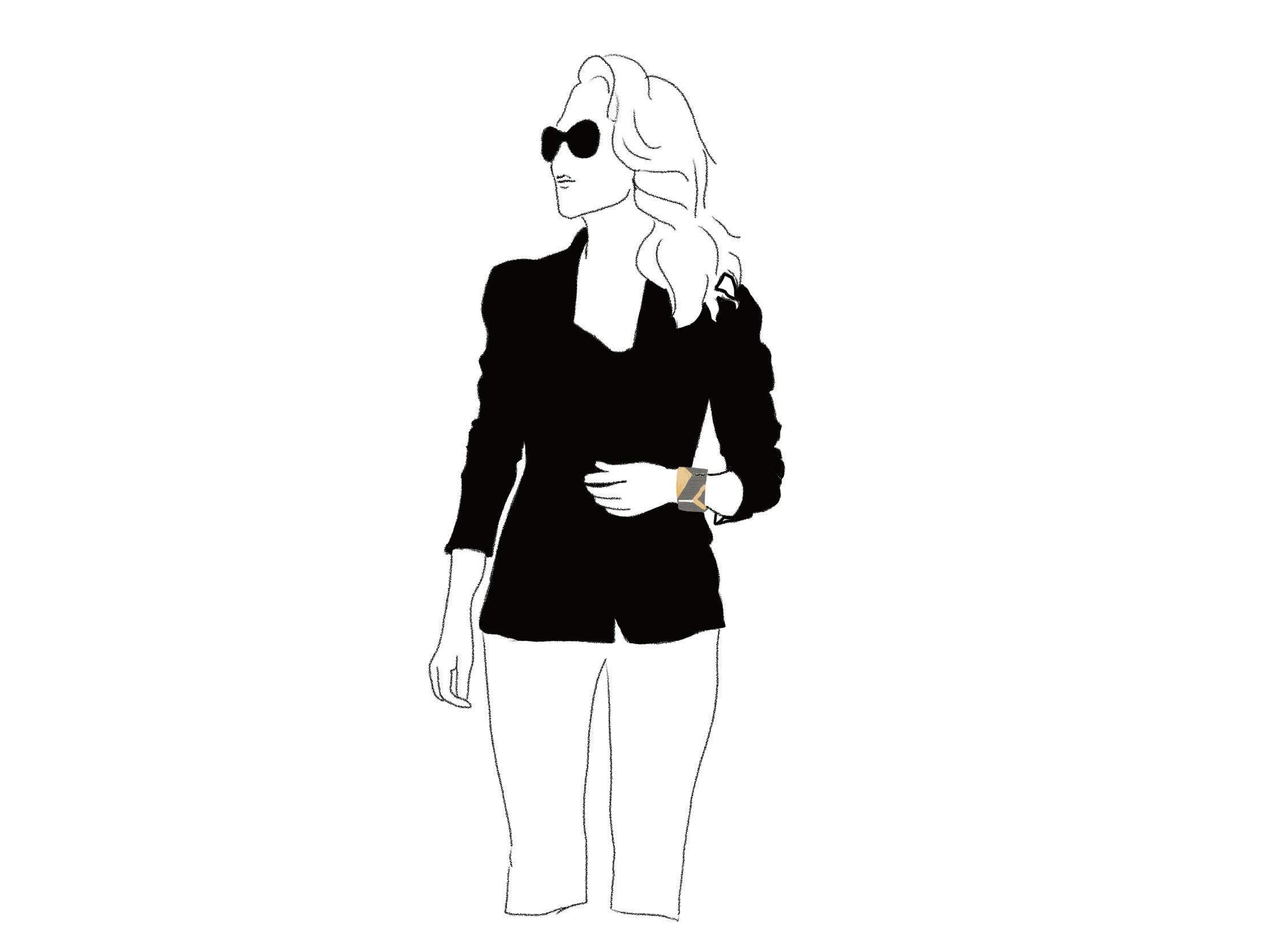 Line drawing of a business woman in a power suit with sunglasses and long wavy hair wearing the John Apel Black and White Diamond Wide Cuff Bracelet, available at Deutsch Fine Jewelry