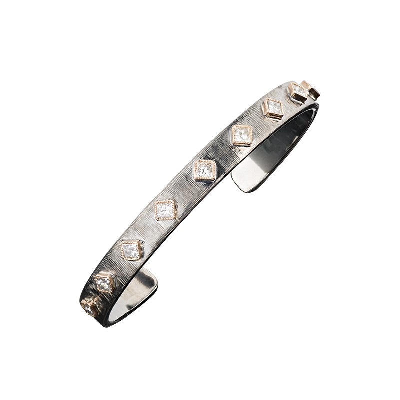 Textured silver John Apel Princess Diamond Skinny Cuff Bracelet, available at Deutsch Fine Jewelry in Houston, Texas.
