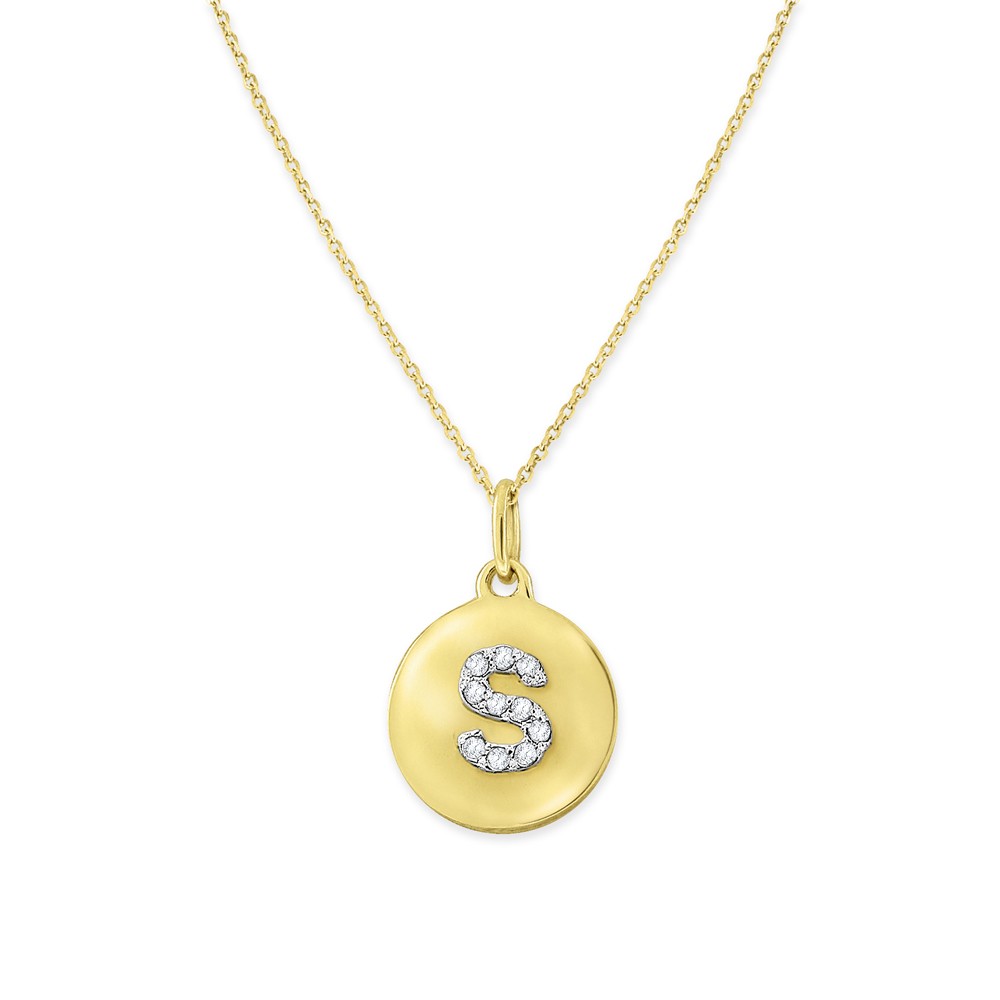 Yellow Gold Deutsch Signature Initial Disc Diamond S Pendant, available at Deutsch Fine Jewelry in Houston, Texas.