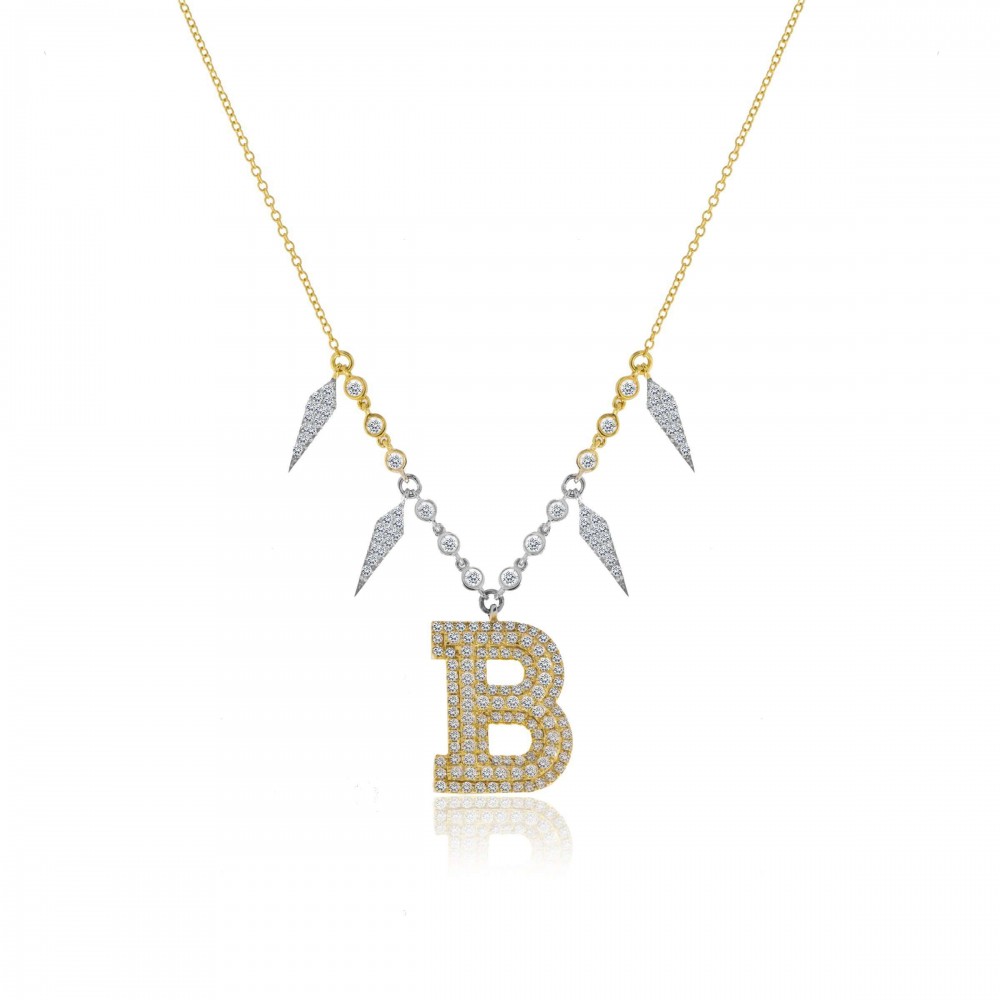 Flashy yellow gold Meira T Statement Diamond Initial Necklace, available at Deutsch Fine Jewelry in Houston, Texas.