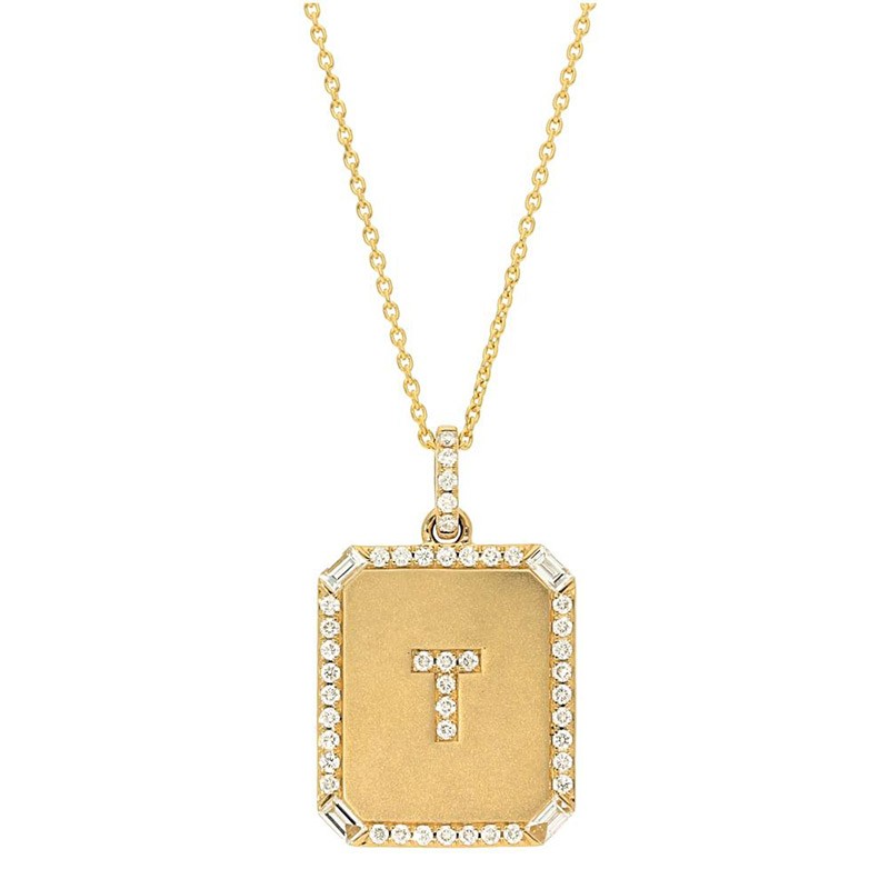 Yellow gold Deutsch Signature Square Pave Diamond Initial and Border Pendant, available at Deutsch Fine Jewelry in Houston, Texas.