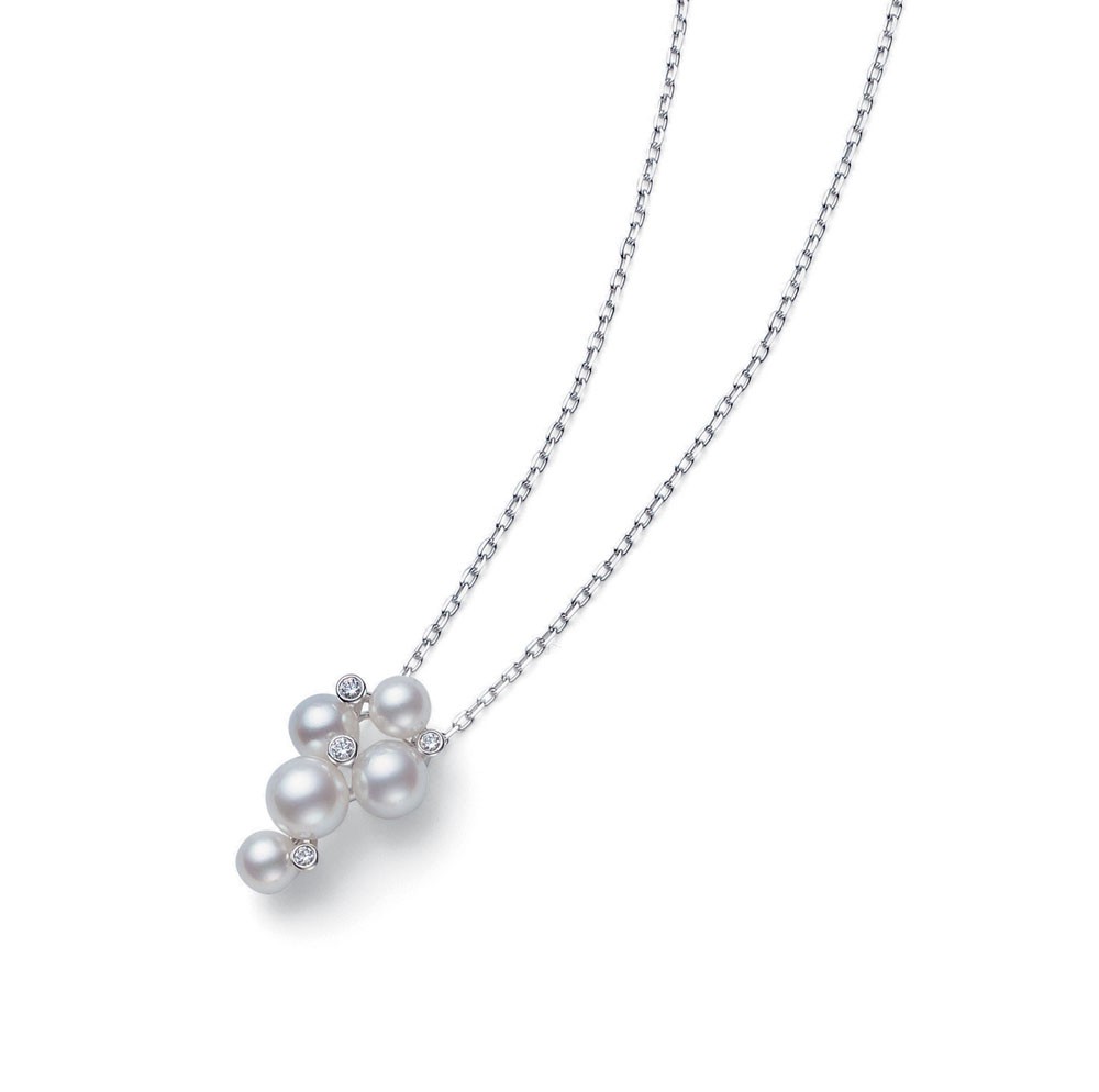 Mikimoto 18K White Gold Akoya Cultured Pearl And Diamond Cluster Drop Pendant, available at Deutsch Fine Jewelry in Houston, Texas.