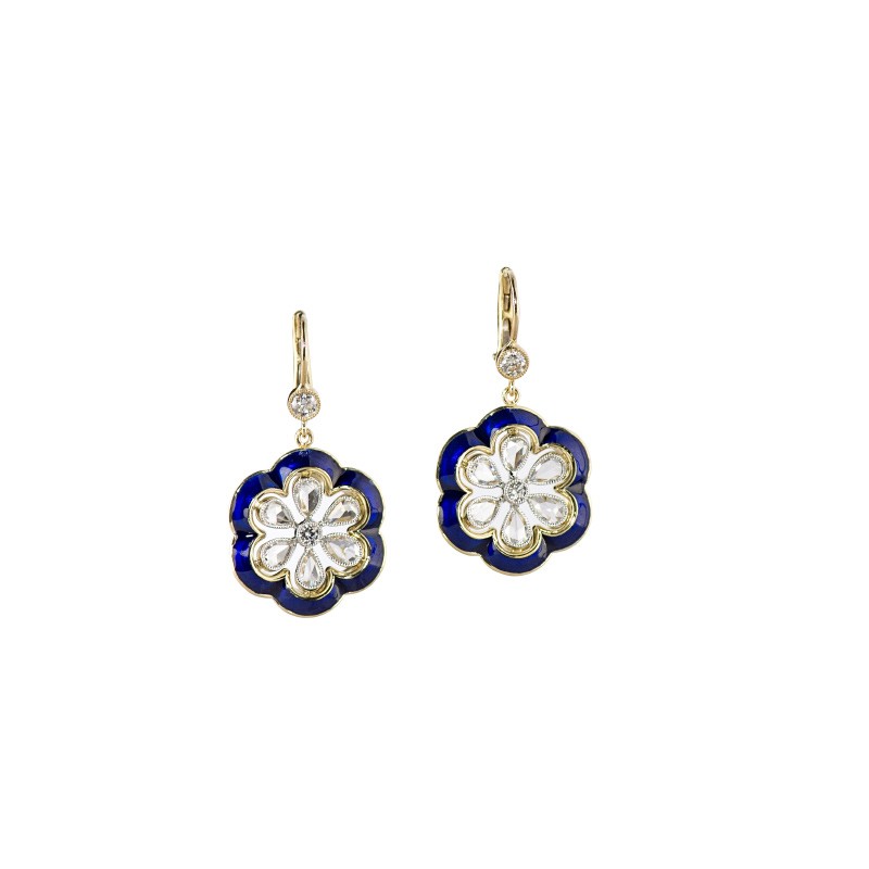 Sapphire-outlined Flower Drop Diamond Earrings by John Apel, available at Deutsch Fine Jewelry in Houston, Texas.