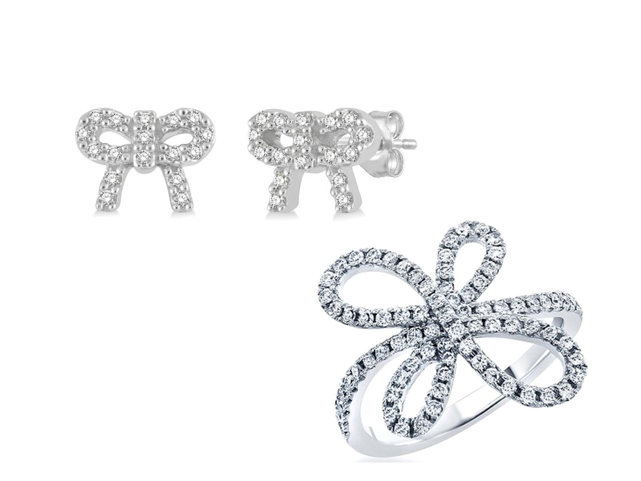 Coquette-inspired Diamond Swirly Bow Ring by Deutsch Fine Jewelry and Bow Petite Diamond Fashion Earrings by Ashi — both available at Deutsch Fine Jewelry in Houston, Texas.