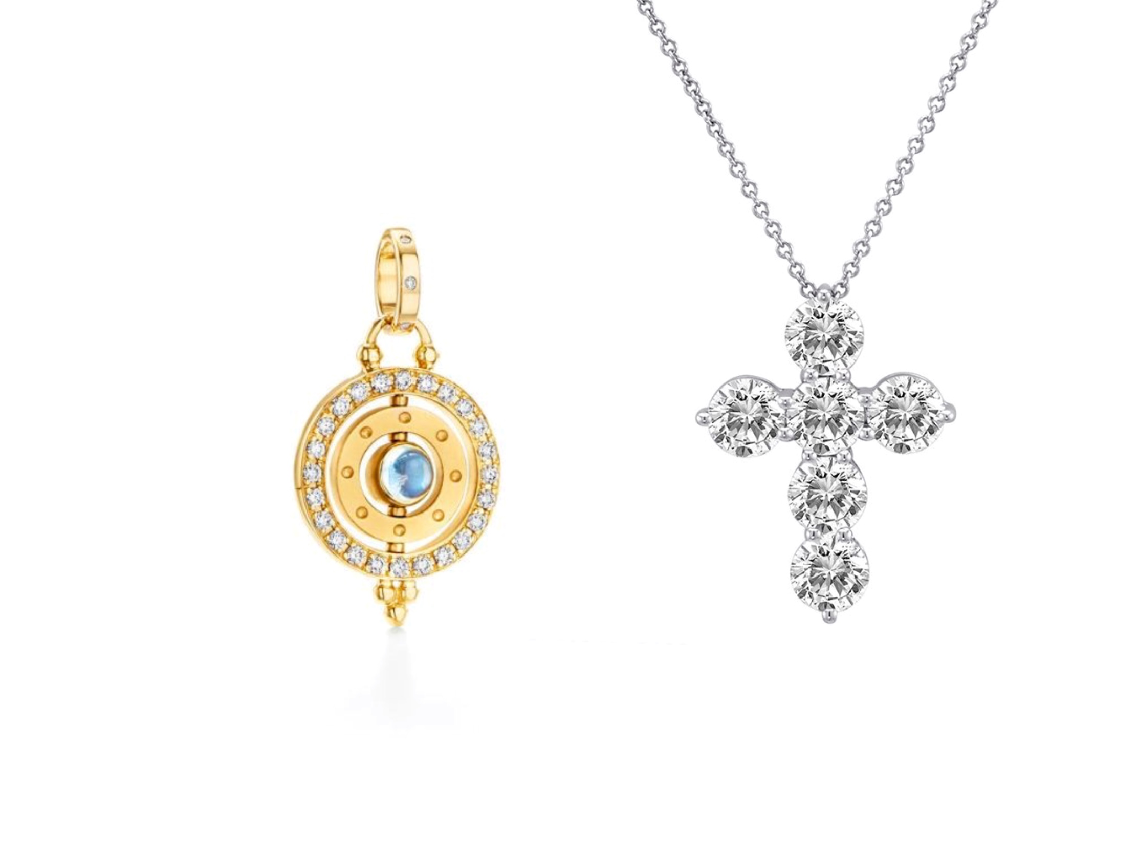 Yellow gold and diamond orbit pendant with moonstone center by Temple St. Clair and 6 diamond shared prong cross pendant by Deutsch Signature — both available at Deutsch Fine Jewelry in Houston, Texas.
