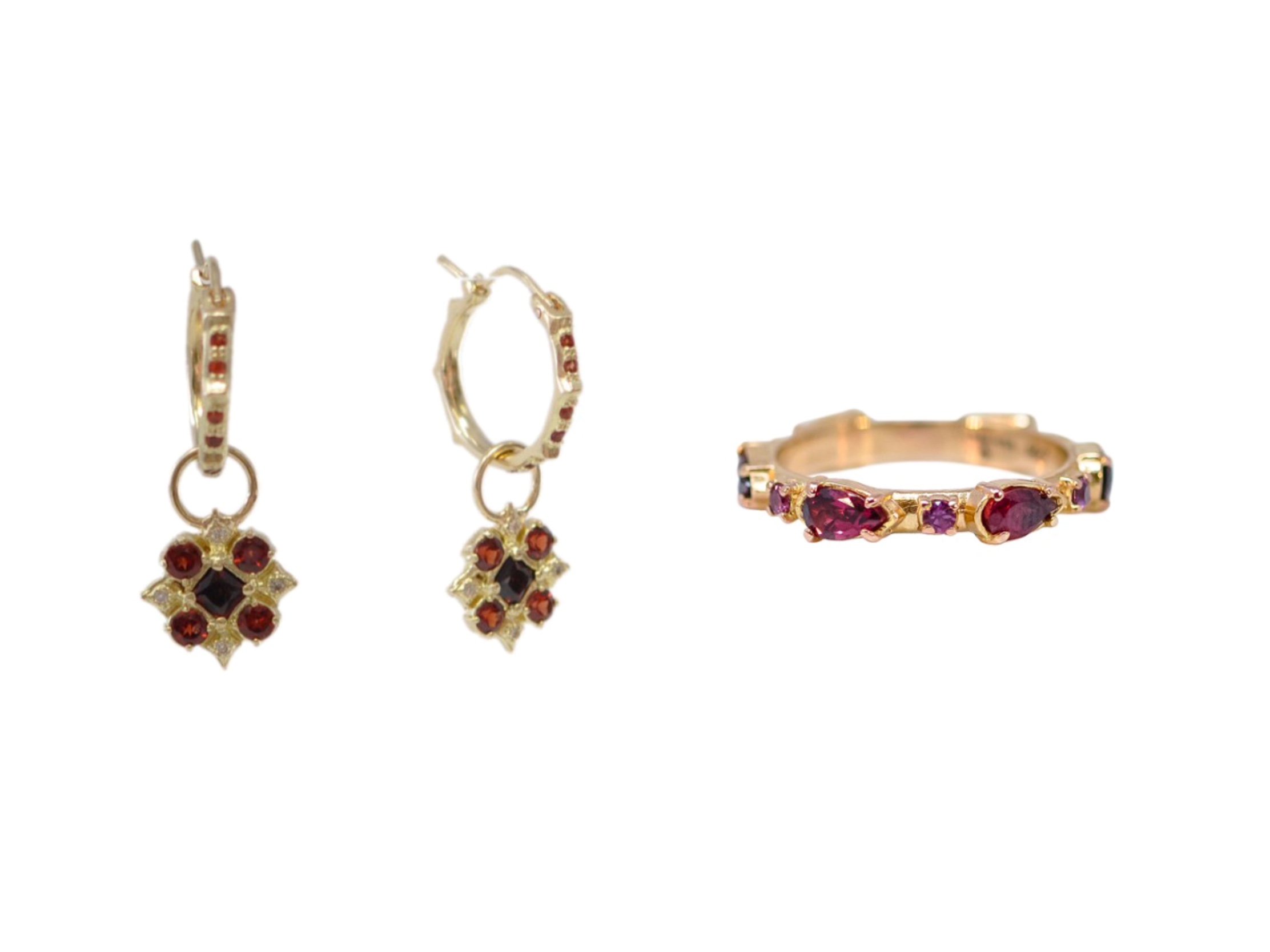 Stunningly Scarlett Garnet Pear Cut Stack Band and Maltese Cross Drop Earrings by Armenta, available at Deutsch Fine Jewelry in Houston, Texas.