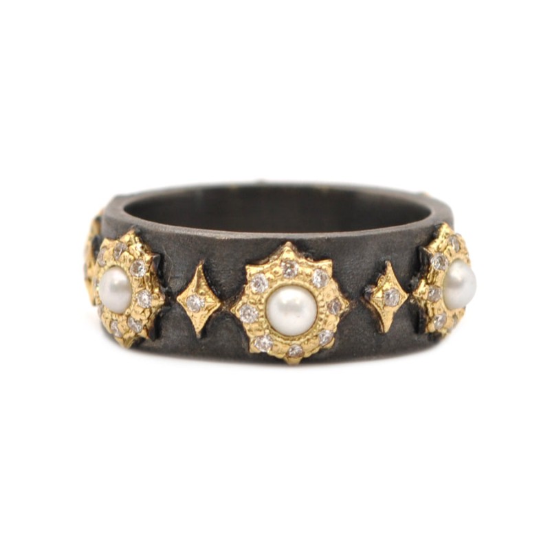 Edgy blackened sterling silver and gold Pearl Starburst Station Ring by Armenta, available at Deutsch Fine Jewelry in Houston, Texas.