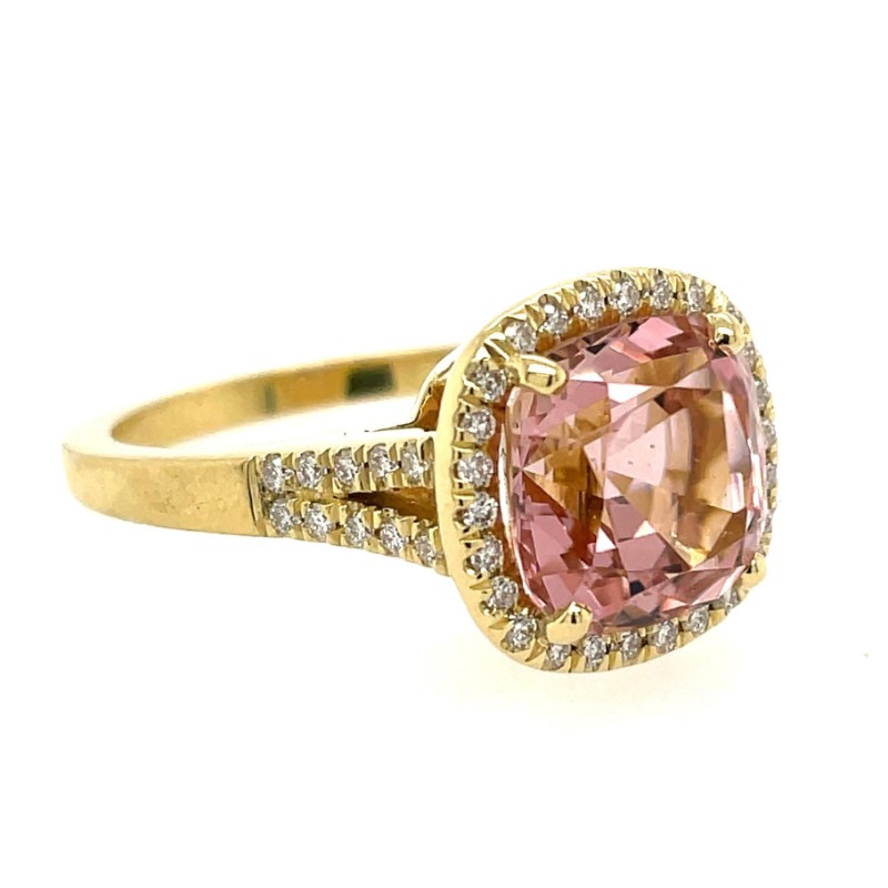 Demure Cushion Cut Pink Tourmaline Kate Ring by Lauren K, available at Deutsch Fine Jewelry in Houston, Texas.