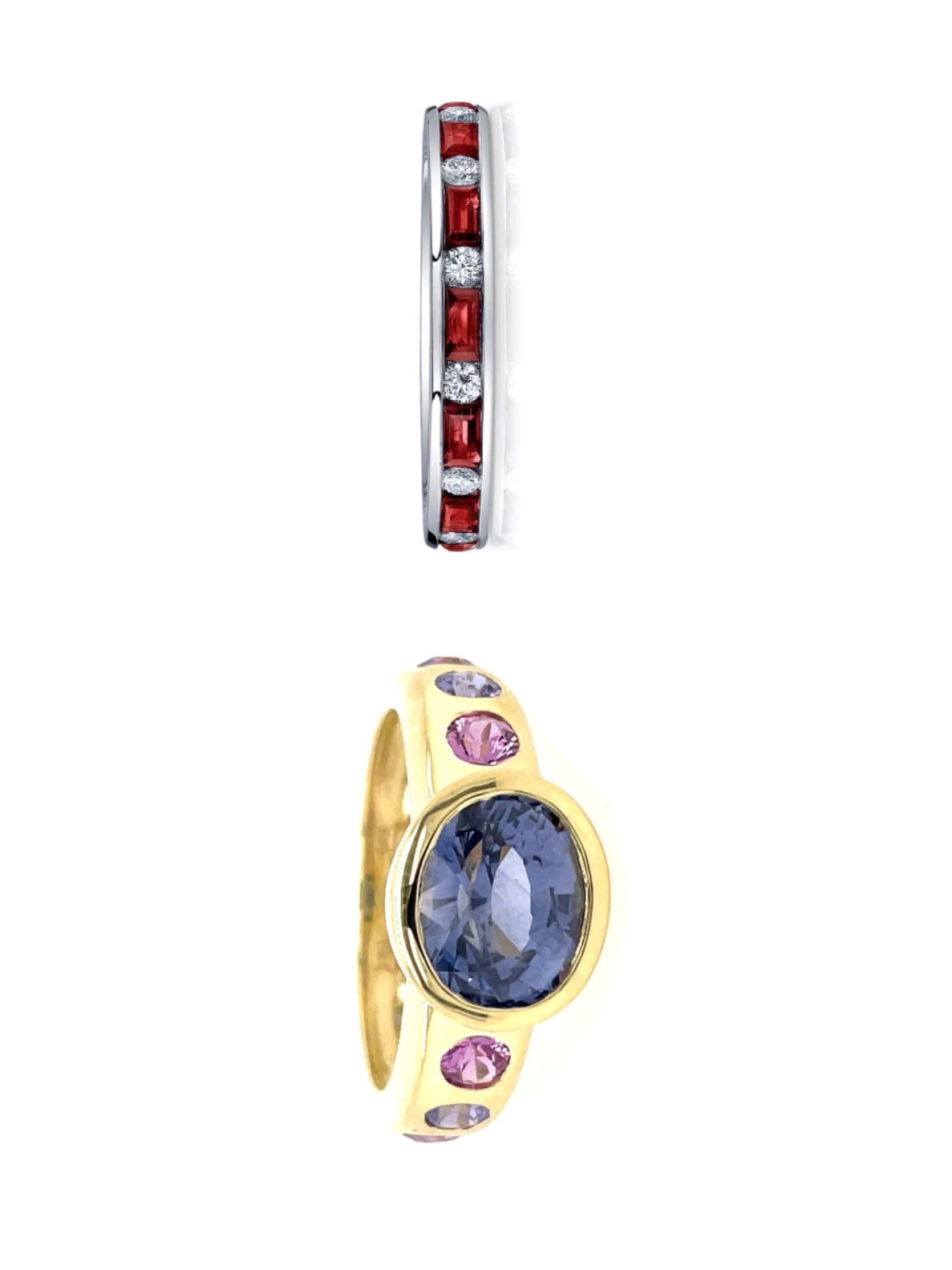 Gorgeous Deutsch Signature Diamond and Ruby Eternity Band and yellow gold and sapphire Samira Ring by Lauren K, both are available at Deutsch Fine Jewelry in Houston, Texas.