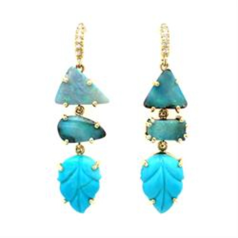 Multi-shaped Opal and Carved Turquoise Earrings by Lauren K, available at Deutsch Fine Jewelry in Houston, Texas.